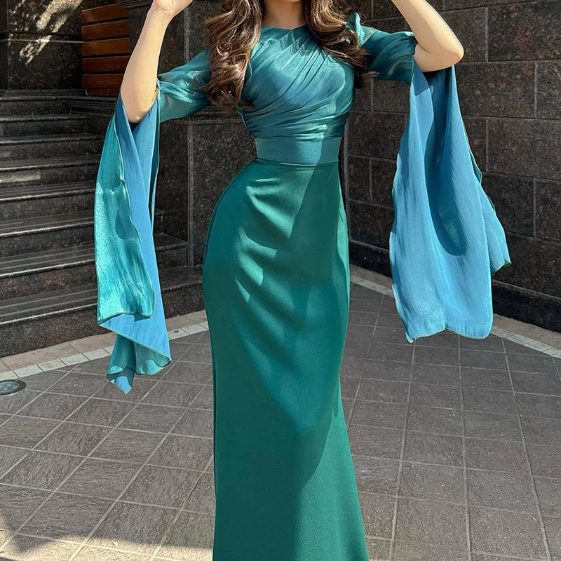 Vestido de satén liso a la moda para mujer, vestido de noche ajustado con cuello redondo y temperamento, mangas de murciélago elegantes, vestido largo plisado de cintura alta