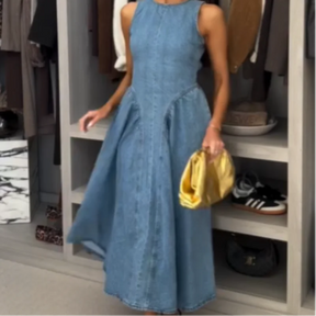 Vestidos largos ajustados de mezclilla a la moda para mujer, Vestidos largos plisados de cintura alta sin mangas con cuello redondo elegantes, Vestidos de calle para ir al trabajo para mujer 2025
