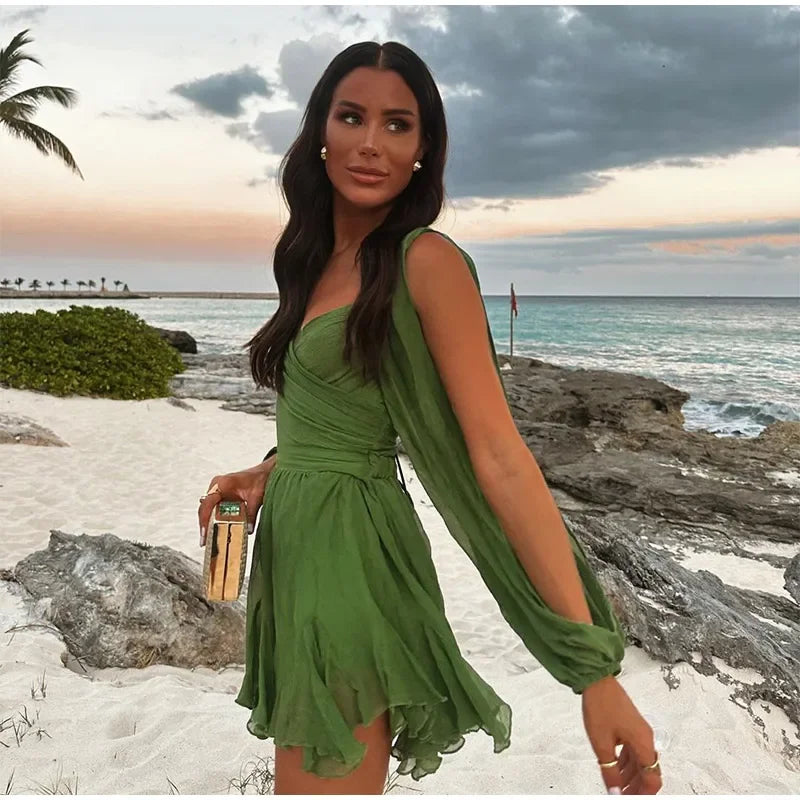 Minivestido plisado verde sexi para mujer, vestidos elegantes con cuello en V y manga larga divididos, vestidos acampanados de verano 2025, batas lisas con cordones y espalda descubierta para mujer