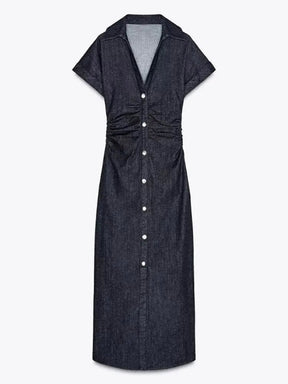 Vestidos largos ajustados de mezclilla a la moda para mujer, Vestidos largos plisados de cintura alta sin mangas con cuello redondo elegantes, Vestidos de calle para ir al trabajo para mujer 2025