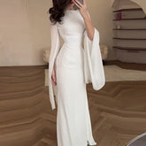 Vestido de satén liso a la moda para mujer, vestido de noche ajustado con cuello redondo y temperamento, mangas de murciélago elegantes, vestido largo plisado de cintura alta