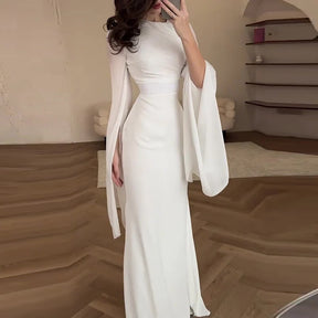 Vestido de satén liso a la moda para mujer, vestido de noche ajustado con cuello redondo y temperamento, mangas de murciélago elegantes, vestido largo plisado de cintura alta