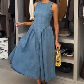 Vestidos largos ajustados de mezclilla a la moda para mujer, Vestidos largos plisados de cintura alta sin mangas con cuello redondo elegantes, Vestidos de calle para ir al trabajo para mujer 2025