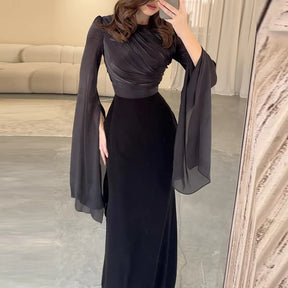 Vestido de satén liso a la moda para mujer, vestido de noche ajustado con cuello redondo y temperamento, mangas de murciélago elegantes, vestido largo plisado de cintura alta