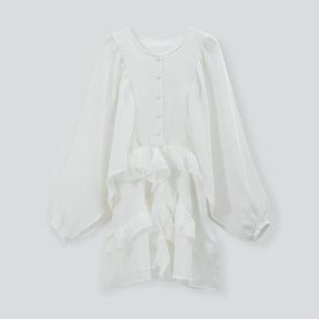 Minivestido informal liso con cuello redondo y borde con volantes para mujer, vestidos holgados plisados con manga acampanada, novedad de verano 2025, vestido de vacaciones para mujer