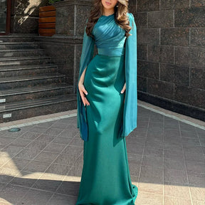Vestido de satén liso a la moda para mujer, vestido de noche ajustado con cuello redondo y temperamento, mangas de murciélago elegantes, vestido largo plisado de cintura alta