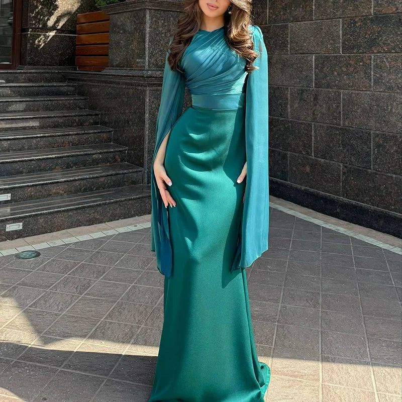 Vestido de satén liso a la moda para mujer, vestido de noche ajustado con cuello redondo y temperamento, mangas de murciélago elegantes, vestido largo plisado de cintura alta