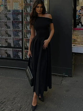 Vestido largo plisado de retales para mujer, vestido elegante negro con medio cuello alto, manga corta, vestidos de cintura alta, batas de calle para oficina