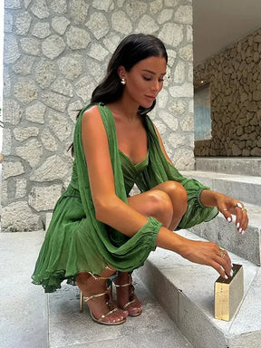 Minivestido plisado verde sexi para mujer, vestidos elegantes con cuello en V y manga larga divididos, vestidos acampanados de verano 2025, batas lisas con cordones y espalda descubierta para mujer