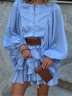 Minivestido informal liso con cuello redondo y borde con volantes para mujer, vestidos holgados plisados con manga acampanada, novedad de verano 2025, vestido de vacaciones para mujer