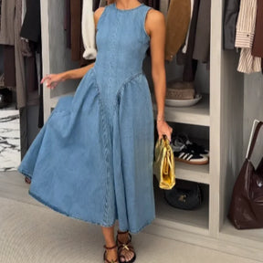Vestidos largos ajustados de mezclilla a la moda para mujer, Vestidos largos plisados de cintura alta sin mangas con cuello redondo elegantes, Vestidos de calle para ir al trabajo para mujer 2025