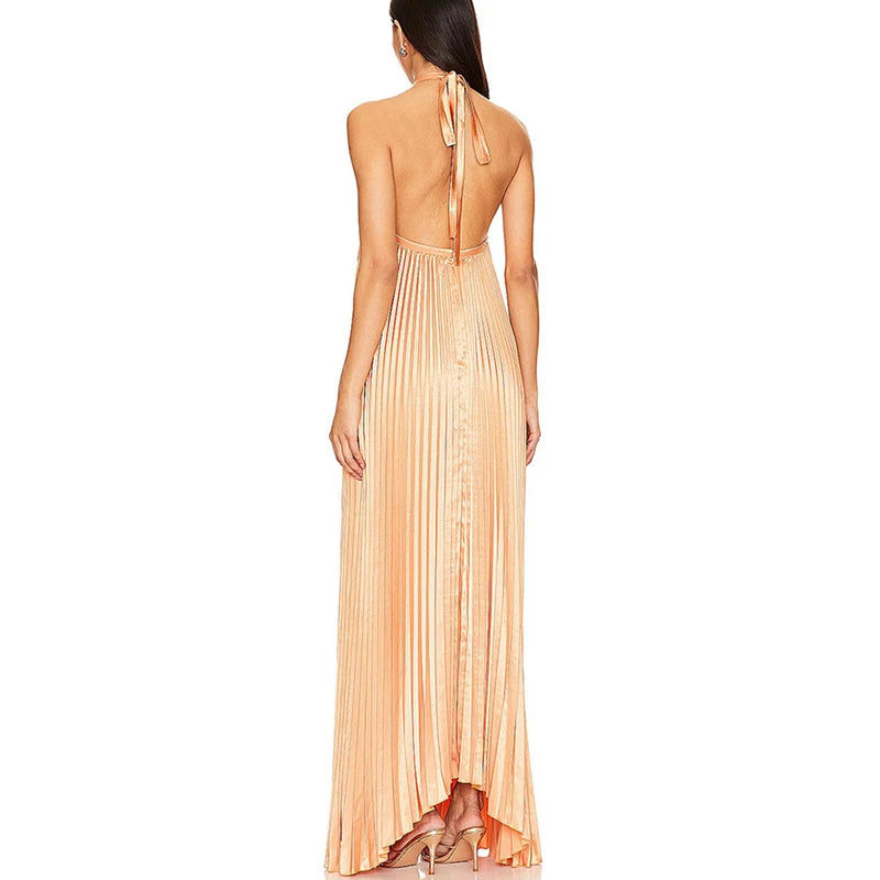 Vestido largo plisado de Color sólido a la moda, vestido de noche holgado calado con cuello Halter sexi para mujer, vestido de fiesta elegante sin mangas y espalda descubierta
