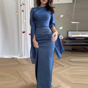 Vestido de satén liso a la moda para mujer, vestido de noche ajustado con cuello redondo y temperamento, mangas de murciélago elegantes, vestido largo plisado de cintura alta