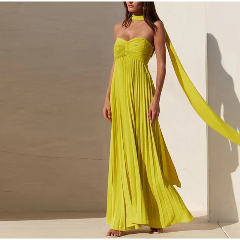 Vestidos plisados con cinta sin tirantes para mujer, vestido largo Sexy sin mangas y espalda descubierta, batas de fiesta de noche para señora nueva de primavera 2025