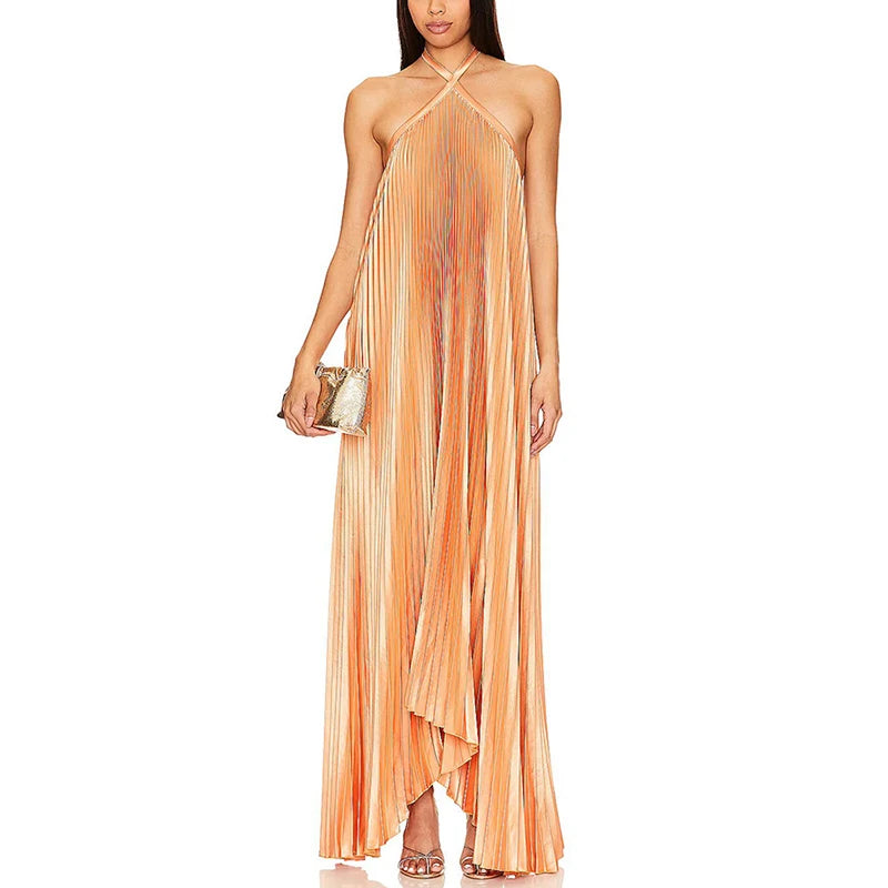 Vestido largo plisado de Color sólido a la moda, vestido de noche holgado calado con cuello Halter sexi para mujer, vestido de fiesta elegante sin mangas y espalda descubierta