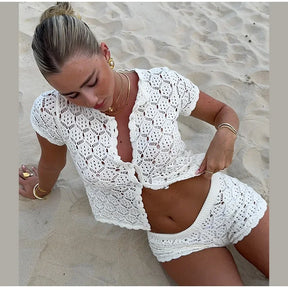 Conjunto de camisa de punto con cuello redondo para mujer, traje elegante de ganchillo con agujeros, pantalones cortos de cintura alta, trajes de vacaciones para mujer, verano