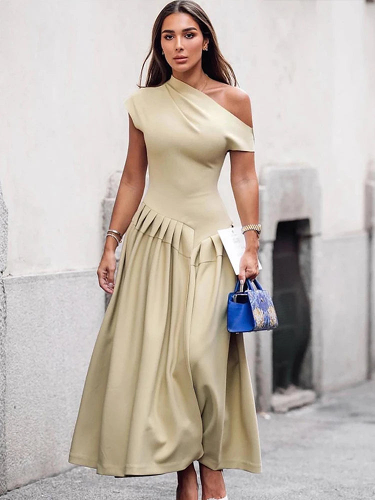 Vestido largo plisado de retales para mujer, vestido elegante negro con medio cuello alto, manga corta, vestidos de cintura alta, batas de calle para oficina