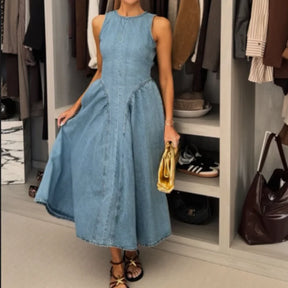 Vestidos largos ajustados de mezclilla a la moda para mujer, Vestidos largos plisados de cintura alta sin mangas con cuello redondo elegantes, Vestidos de calle para ir al trabajo para mujer 2025