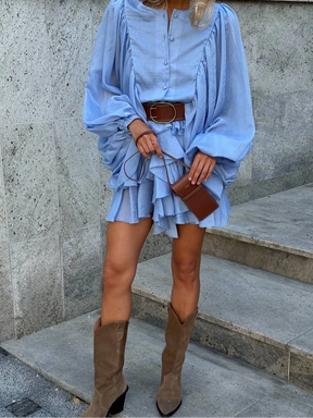 Minivestido informal liso con cuello redondo y borde con volantes para mujer, vestidos holgados plisados con manga acampanada, novedad de verano 2025, vestido de vacaciones para mujer