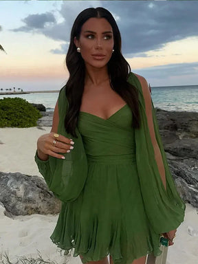 Minivestido plisado verde sexi para mujer, vestidos elegantes con cuello en V y manga larga divididos, vestidos acampanados de verano 2025, batas lisas con cordones y espalda descubierta para mujer