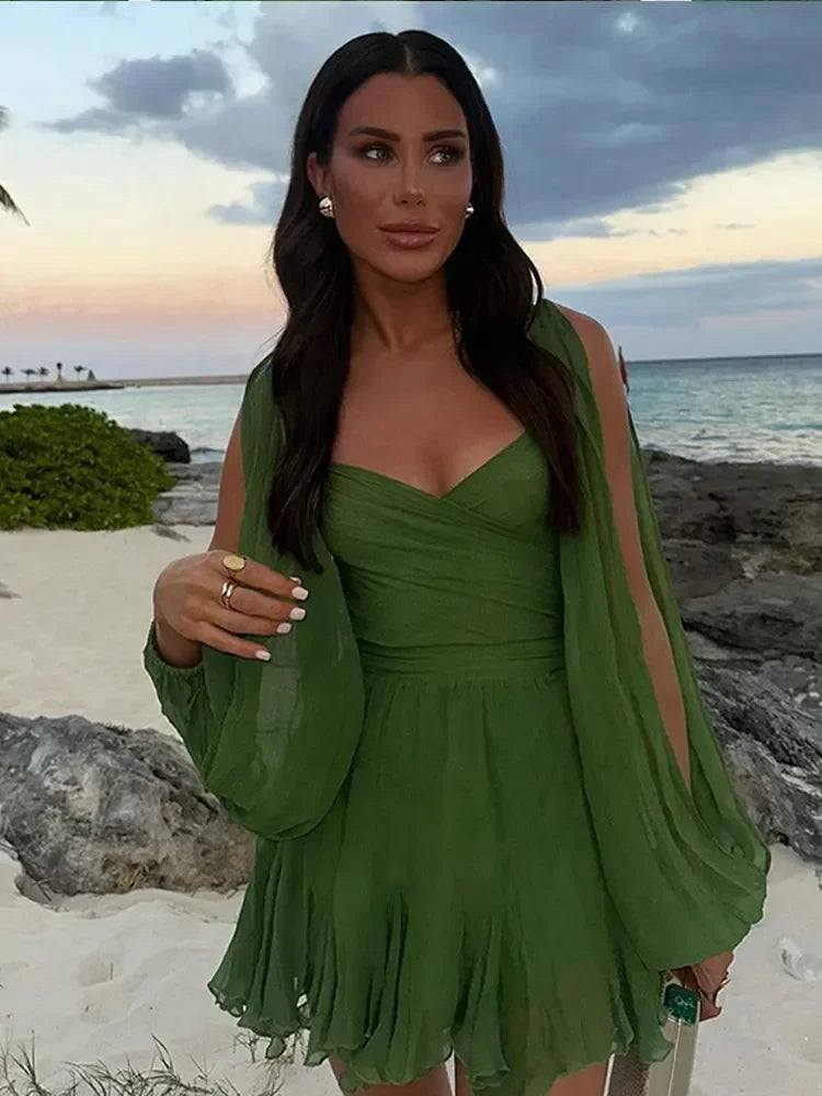 Minivestido plisado verde sexi para mujer, vestidos elegantes con cuello en V y manga larga divididos, vestidos acampanados de verano 2025, batas lisas con cordones y espalda descubierta para mujer