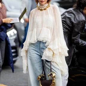 GetSpring, blusa para mujer, verano 2025, elegante camisa de malla de manga larga con volantes lisos para mujer, Top largo holgado que combina con todo para mujer
