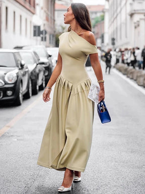 Vestido largo plisado de retales para mujer, vestido elegante negro con medio cuello alto, manga corta, vestidos de cintura alta, batas de calle para oficina