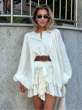 Minivestido informal liso con cuello redondo y borde con volantes para mujer, vestidos holgados plisados con manga acampanada, novedad de verano 2025, vestido de vacaciones para mujer