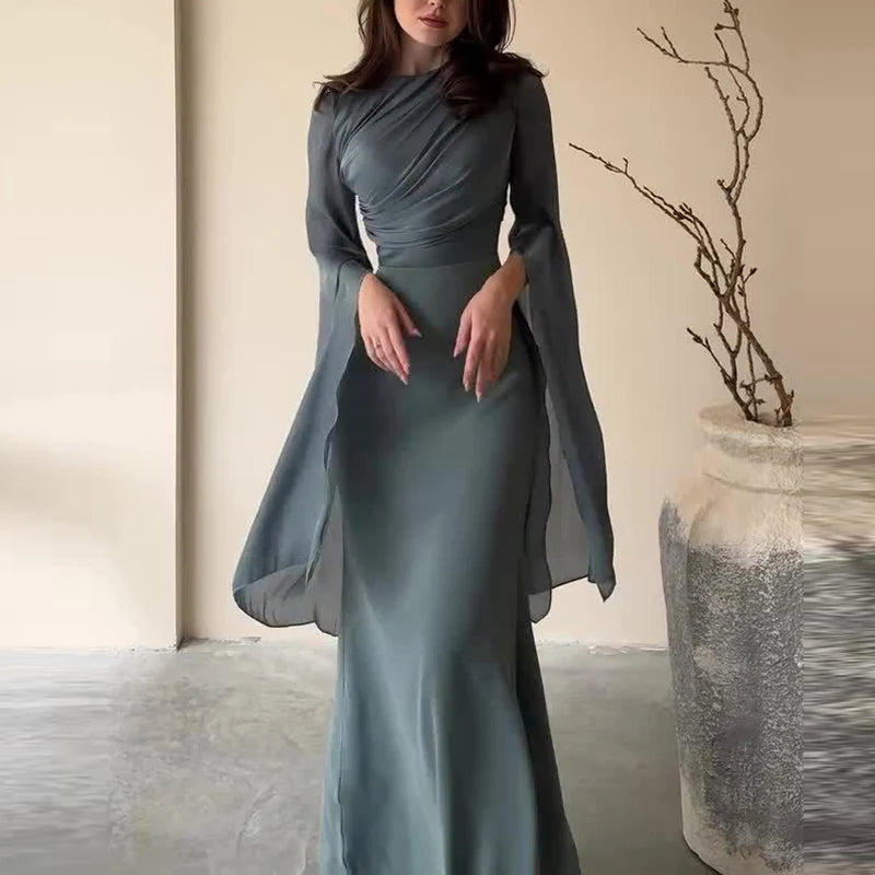Vestido de satén liso a la moda para mujer, vestido de noche ajustado con cuello redondo y temperamento, mangas de murciélago elegantes, vestido largo plisado de cintura alta