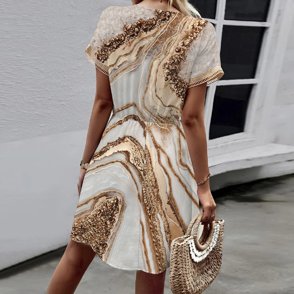 2024 Europa y América transfronterizo nueva primavera/verano estampado mangas de murciélago encaje cuello en V cintura dobladillo grande vestido de longitud media
