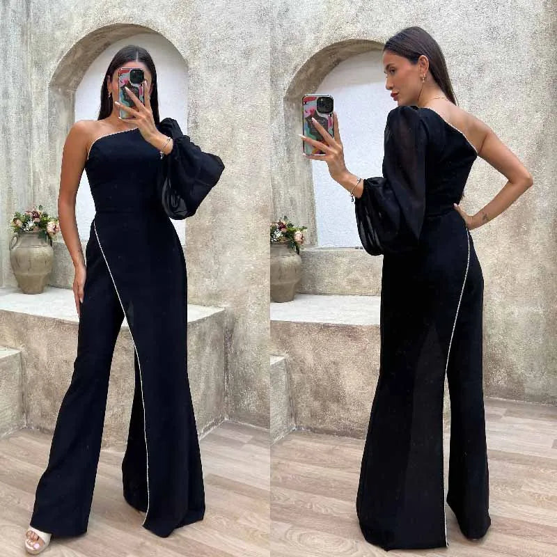 Streamer Spicing-Mono cruzado de un hombro para mujer, mono recto de pierna ancha, traje de noche de fiesta Sexy, Pelele de una pieza, otoño